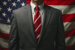AI generated Cropped image of politics man in suit against USA flag photo