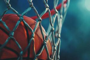 ai generado de cerca de baloncesto pelota en cesta foto