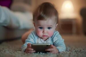 AI generated Baby using smartphone, Addiction to gadgets photo