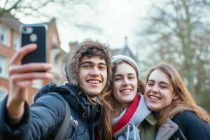 ai generado estudiantes tener divertido juntos al aire libre foto