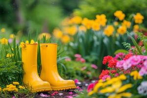 ai generado amarillo caucho botas en jardín con flores foto