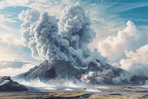 ai generado volcán erupción con fumar en el nubes foto