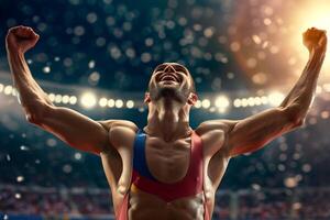 ai generado atleta celebrando su victoria en un pista y campo fósforo. foto