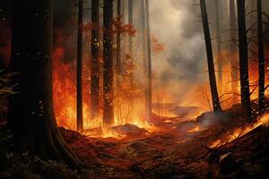 ai generado ardiente bosque. fuego en el bosque. foto