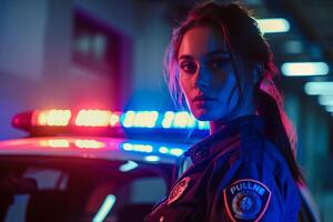 AI generated Female Police Officer on Duty at Night with AI generated. photo