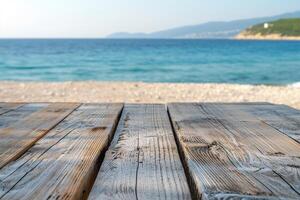 AI generated Wooden Platform by the Clear Blue Sea with AI generated. photo