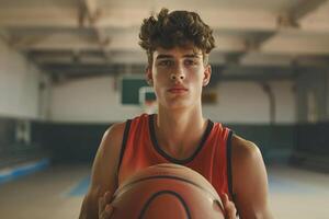 ai generado joven baloncesto jugador descansando en gimnasio con ai generado. foto