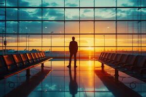 AI generated Silhouette of a businessman standing in an airport at sunrise. photo