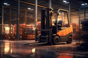 AI generated Forklift loader in warehouse. photo