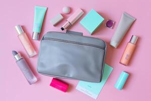 AI generated Cosmetic Products and Accessories Flat Lay with AI generated. photo