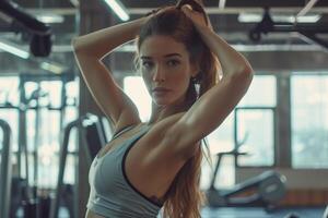 AI generated Fitness Enthusiast Stretching Arms at Gym. photo