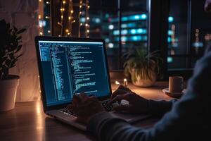 ai generado programador codificación en ordenador portátil a noche. foto