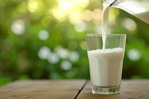 AI generated Pouring Fresh Milk into Glass Outdoors. photo