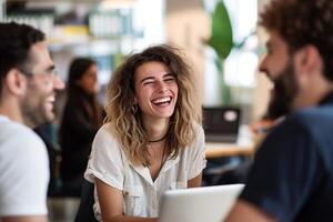 AI generated Group of happy young business people working together in a creative office. photo