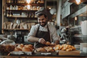 ai generado sonriente tatuado panadero arreglando pasteles en tienda con ai generado. foto