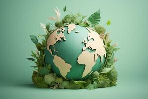 AI generated Ecology concept. Earth globe with green leaves. photo