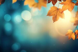 AI generated Autumn background with maple leaves and bokeh lights. photo