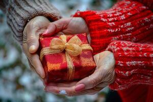 ai generado dando un Navidad presente en calentar suéteres con ai generado. foto