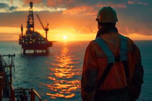 ai generado costa afuera petróleo trabajador con vista a plataforma a puesta de sol con ai generado. foto