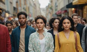 ai generado diverso individuos coexistir en un ciudad. desde diferente étnico antecedentes, años grupos, y géneros foto