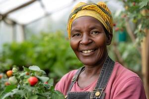 AI generated Portrait of smiling senior african woman standing in greenhouse with tomatoes. photo