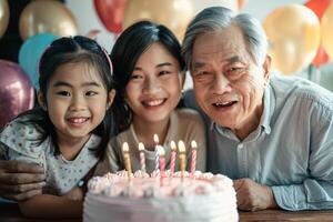 ai generado abuelo celebrando cumpleaños con nietas con ai generado. foto