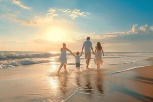 ai generado contento familia de padre, madre y hija caminando en el playa a puesta de sol. foto