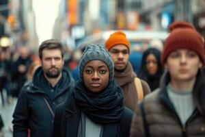 ai generado diverso individuos coexistir en un ciudad. desde diferente étnico antecedentes, años grupos, y géneros foto