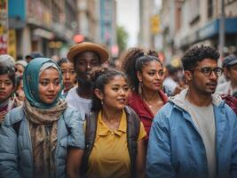 ai generado diverso individuos coexistir en un ciudad. desde diferente étnico antecedentes, años grupos, y géneros foto