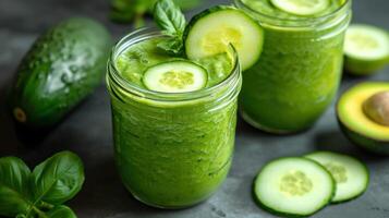 ai generado un nutritivo verde zalamero en un vaso frasco, adornado con Pepino rebanadas y Fresco Fresco espinaca, rodeado por Fresco ingredientes foto