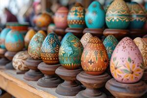 ai generado mano pintado Pascua de Resurrección huevos, adornado con varios patrones, desplegado pulcramente en filas foto