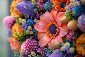 AI generated Close-up of a colorful artificial floral arrangement, showcasing a variety of textures and colors photo