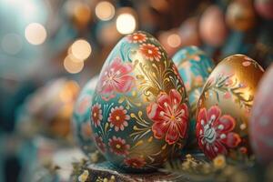 AI generated Hand painted Easter egg adorned with traditional folk patterns on bokeh background photo