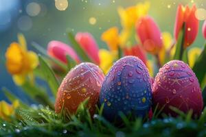 AI generated Easter eggs with morning dew on them nestled in the grass in bokeh background photo