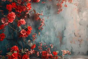 AI generated Red flowering branches spread across a turquoise background photo