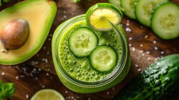 ai generado un muchacha tarro rebosa con un nutritivo verde zalamero, coronado con Pepino rebanadas foto