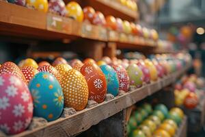 AI generated Hand painted Easter eggs, adorned with various patterns, displayed neatly in rows photo