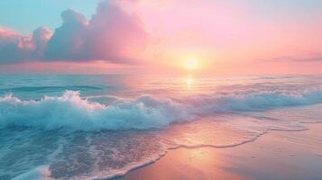 ai generado terminado un tranquilo arenoso playa, color pastel amanecer cielo son reflejado en el calma Oceano ondas. foto