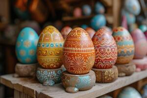 AI generated Hand painted Easter eggs, adorned with various patterns, displayed neatly in rows photo