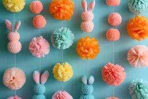 AI generated Easter bunny and pom-pom garlands against a teal background photo