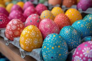 AI generated Hand painted Easter eggs, adorned with various patterns, displayed neatly in rows photo