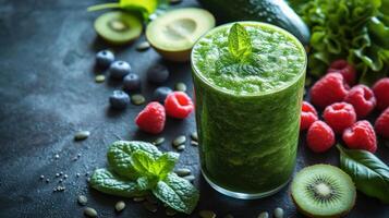 AI generated Refreshing green smoothie garnished with a mint leaf, surrounded by kiwi slices, fresh berries, and greenery on a slate background. photo