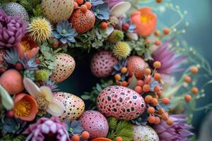 ai generado Pascua de Resurrección floral arreglo presentando brillante primavera flores y decorado huevos anidado foto