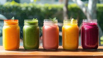 ai generado un encantador formación de vibrante Fruta batidos en frascos, cada adornado con un Fresco menta hoja, forrado arriba en un de madera mesa foto