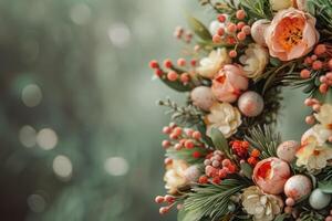 AI generated Spring Easter wreath adorned with speckled eggs and a variety of wildflowers bathed in warm sunlight photo