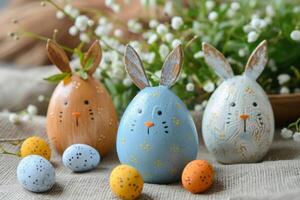 ai generado pintado Pascua de Resurrección huevos con conejito caras y orejas conjunto entre primavera flores foto