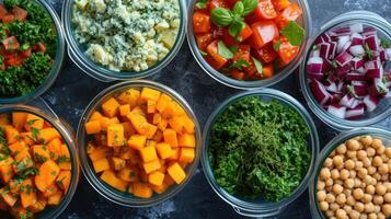 AI generated Bowls of assorted colorful fresh vegetables perfect for healthy meal prep. photo