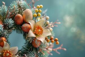 ai generado guirnalda desbordante con primavera flores y Pascua de Resurrección huevos en pastel colores en soñador antecedentes foto