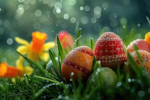 AI generated Easter eggs with morning dew on them nestled in the grass in bokeh background photo