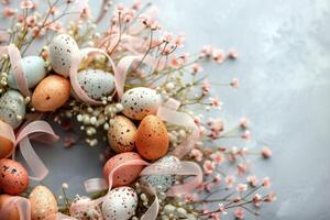 AI generated Easter wreath adorned with speckled eggs, soft pink ribbon, and delicate pink blossoms photo